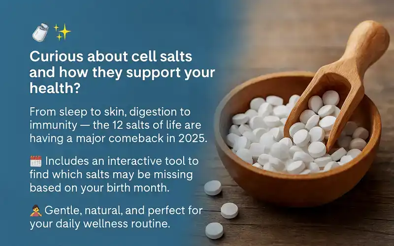 Bowl of natural cell salt tablets with wooden scoop used in tissue salt remedies