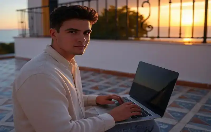 Freelancer working on a laptop from a Spanish terrace