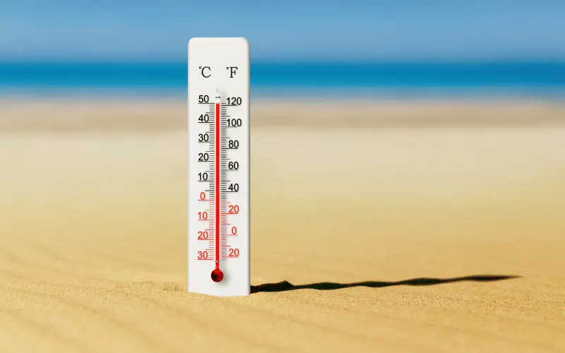 Thermometer showing 50 degrees Celsius on a hot beach day in Spain