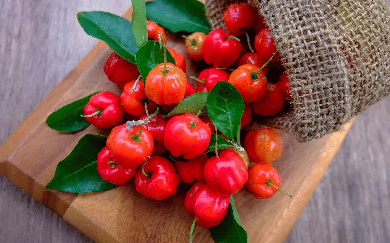 Fresh acerola cherries spilling from burlap sack onto wooden board
