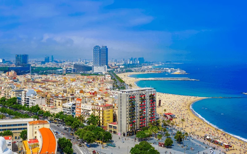 Aerial view of Barcelona city and its popular beaches along the Mediterranean coast