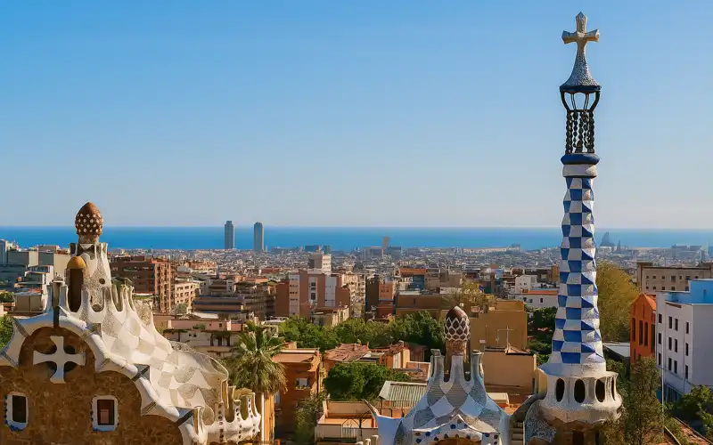 Sunny view over Barcelona from Park Güell, perfect weather for visiting Spain
