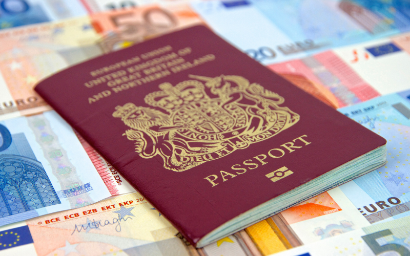 British passport sitting on Euro notes