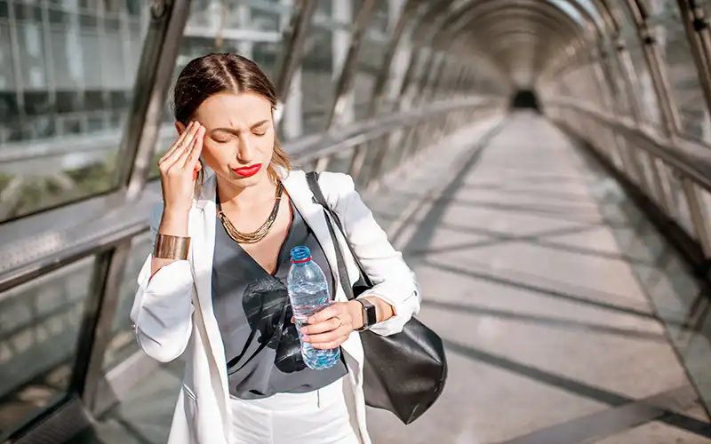business woman with headache outdoors