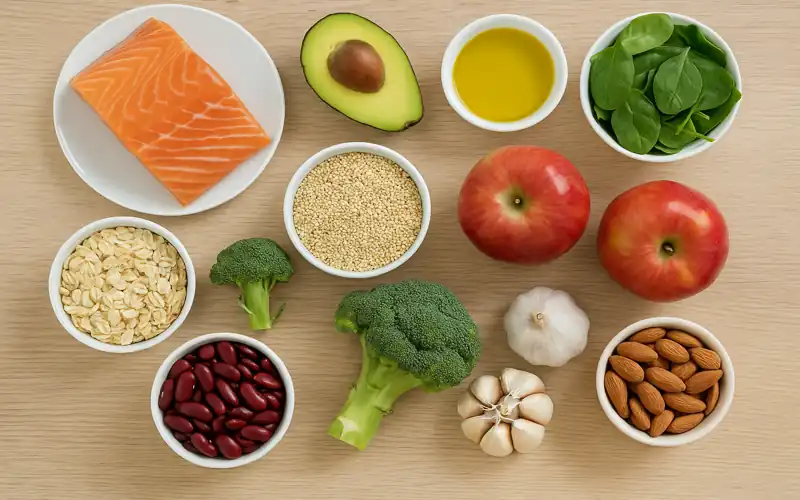 Top-down view of healthy heart-friendly foods like avocado, berries, olive oil, and oats