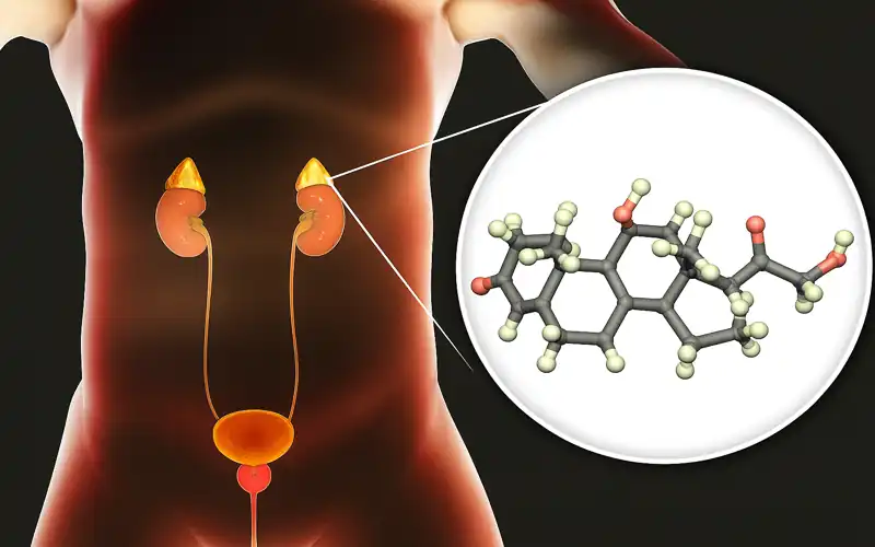 Illustration of human adrenal glands and kidneys with a close-up of the cortisol molecule structure