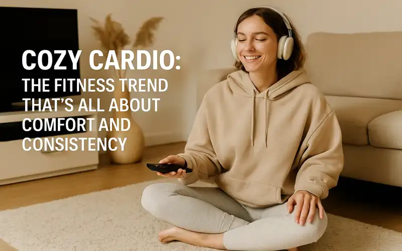 Young woman in hoodie smiling during a relaxed home cardio session promoting Cozy Cardio fitness trend