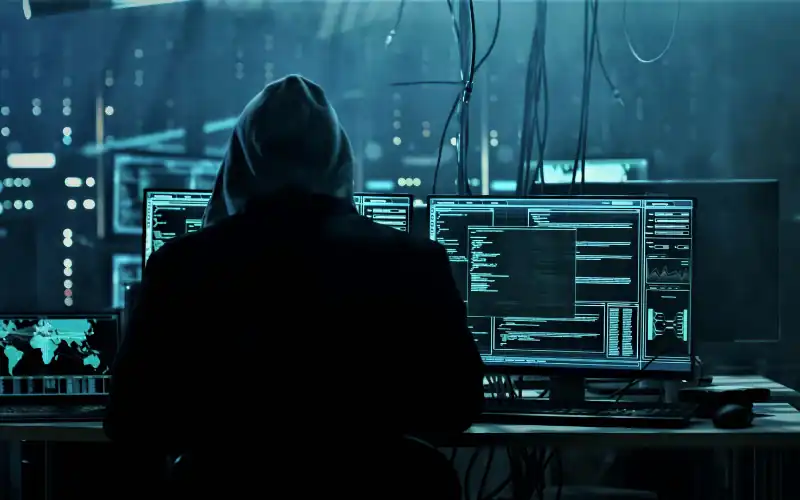 Person in dark hoodie using multiple computer screens during a cyber attack simulation