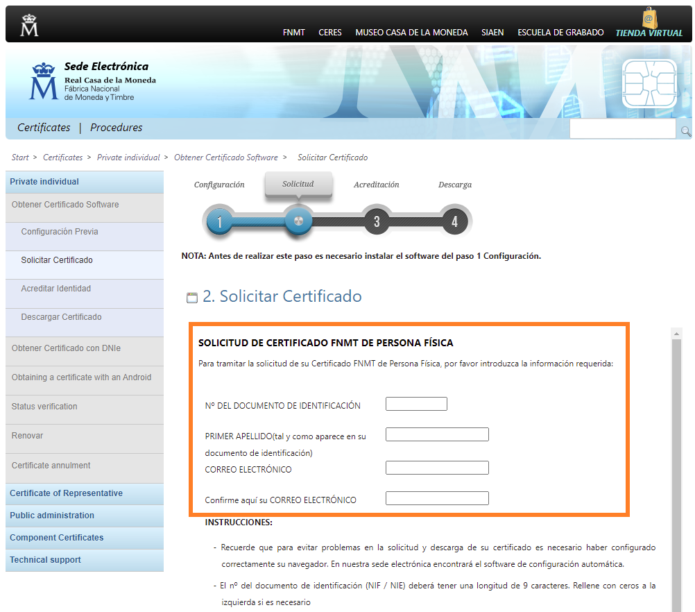 Digital Certificate Form FNMT