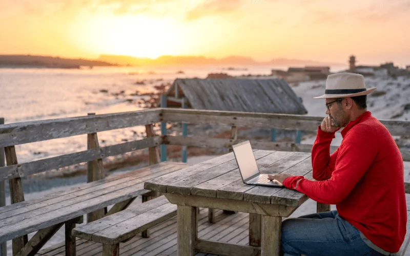 Digital nomad working remotely on laptop at beachside table during sunset