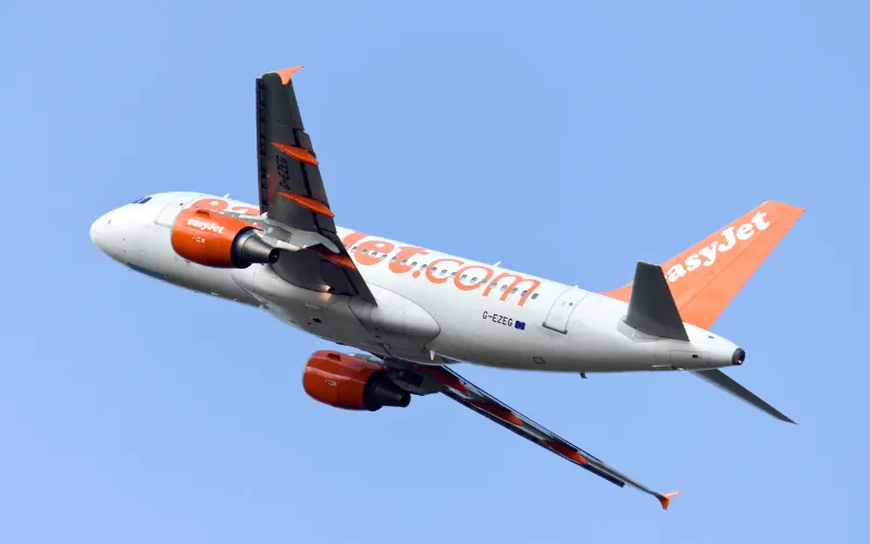 EasyJet plane taking off into clear blue sky