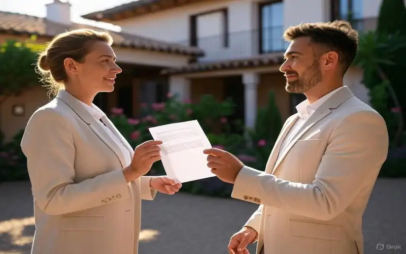 Estate agent handing rental contract to expat tenant in Spain
