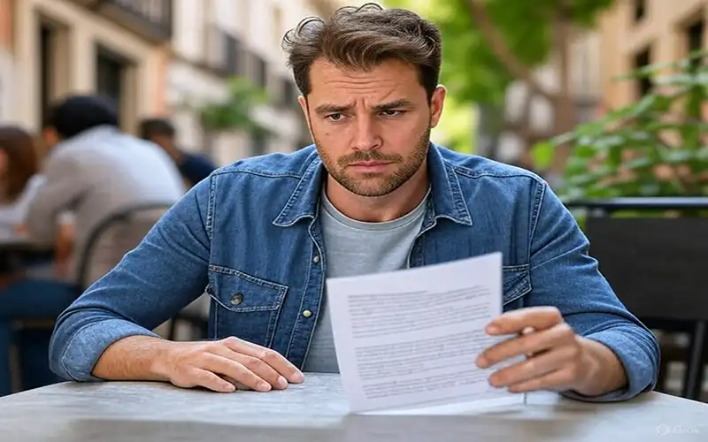 Worried man in Spain reviewing a fake rental contract