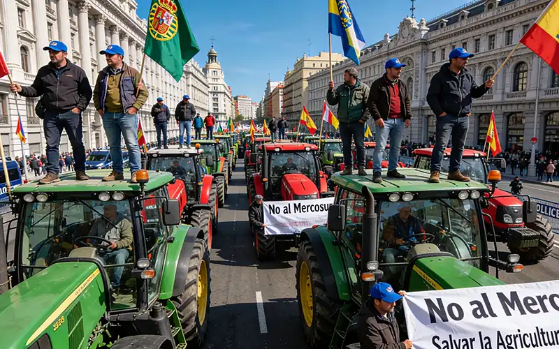 A dynamic wide-angle scene of a massive farmers' tractor protest in central Madrid