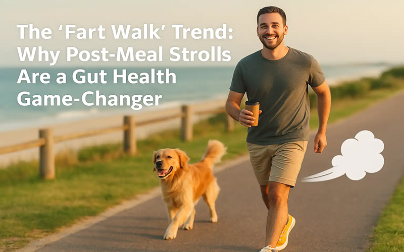 Man walking in park after lunch symbolising gut health benefits of fart walk trend