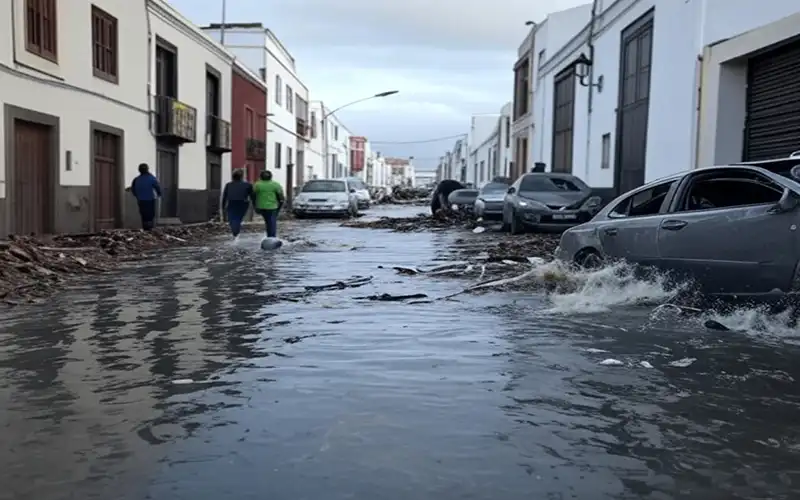 Flooded street in Lanzarote after heavy rainfall