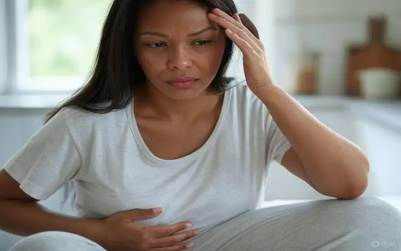 Woman holding stomach and head, showing connection between digestion and mood