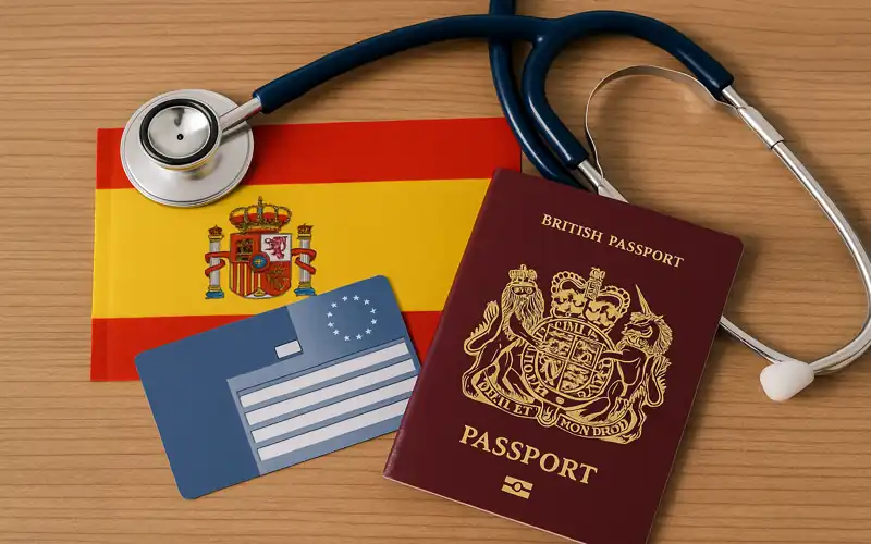 Healthcare access in Spain for UK expats shown with British passport, stethoscope, and Spanish flag on a table