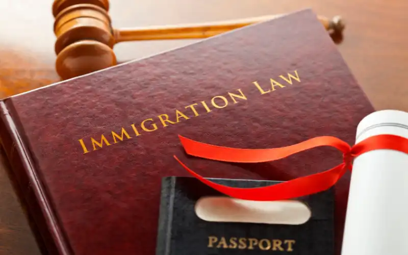 Immigration law book with a judge's gavel, passport, and legal document