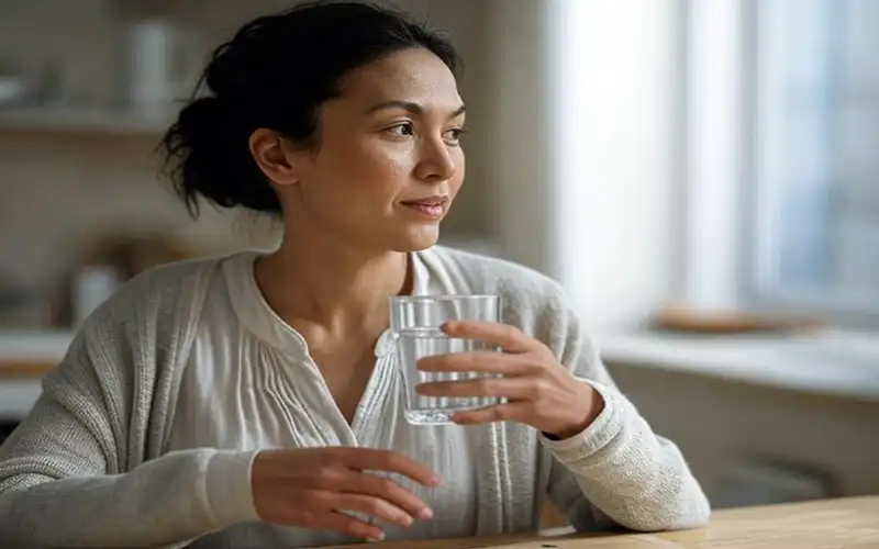 Woman drinking water during fasting period for improved health and energy