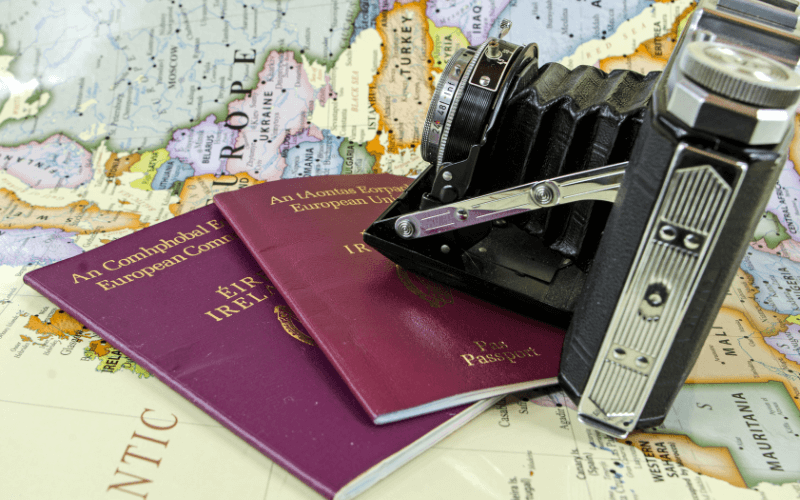 Irish passport, map and camera