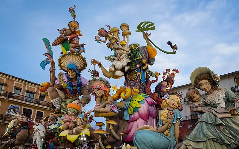Colorful ninots on display during Las Fallas festival in Valencia Spain