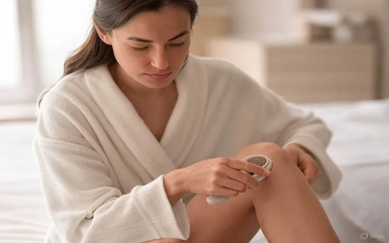 Woman using dry brush to stimulate lymphatic drainage on her legs