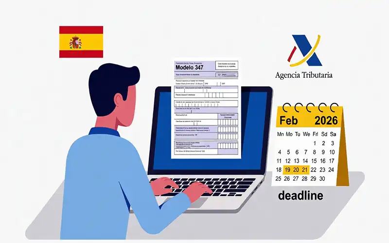 expat small business owner sitting at a desk, looking at Spanish tax form Modelo 347
