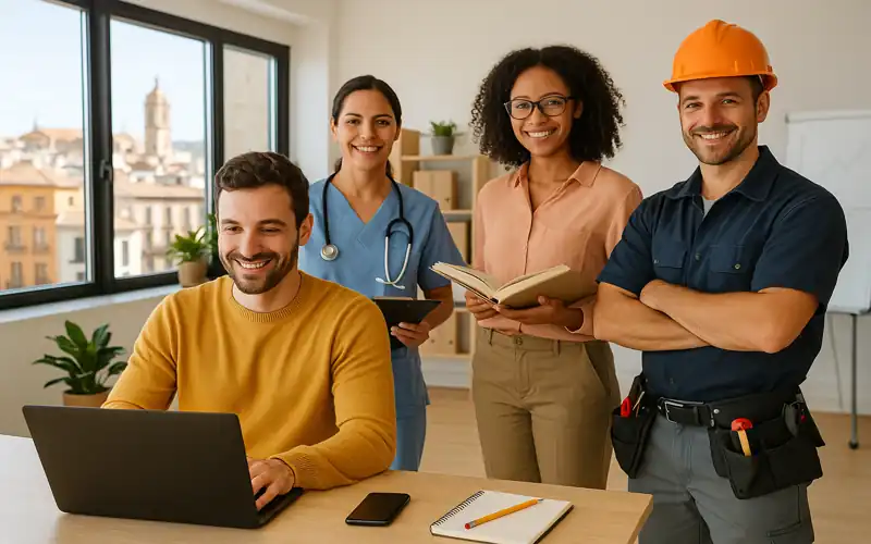 Multicultural professionals working in Spain across tech, healthcare, education, and trades