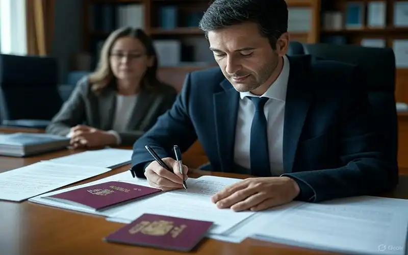 Man signing a Spanish will at a notary office with legal documents and passports on the desk