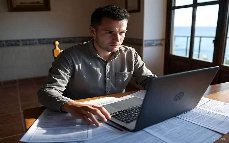 Remote worker in Spain with laptop and tax forms in 2025