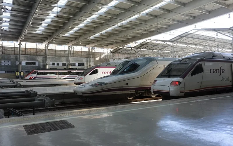 Modern Renfe high-speed trains at a Spanish railway station