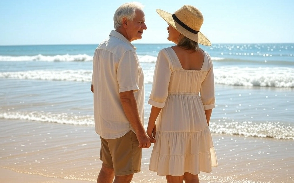 Retired couple enjoying a peaceful walk along a sunny Spanish beach