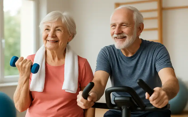 Active senior couple exercising indoors with dumbbells and stationary bike