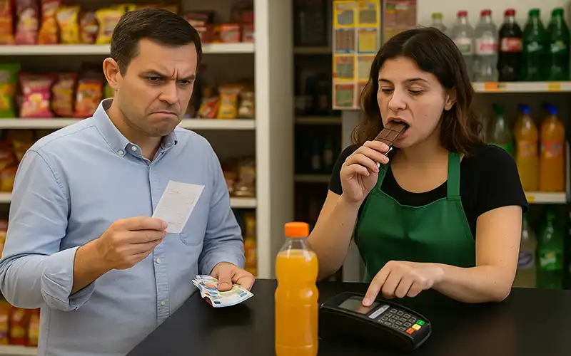Shop assistant in Spain at a small checkout counter during payment