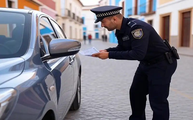 UK-plated car parked on Spanish street with local police nearby – 2025