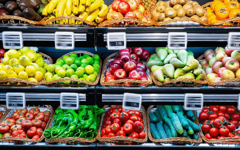 Fresh fruits and vegetables on display at a Spanish supermarket