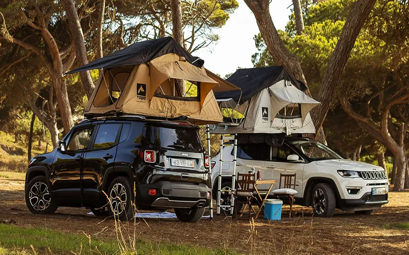 Camping in Spain with rooftop tents on SUVs in a forest setting