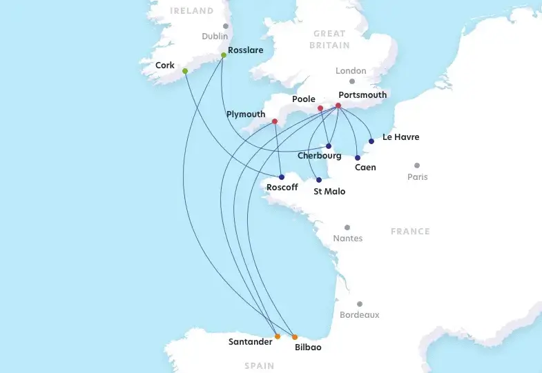 A map of ferry routes from the UK to Spain